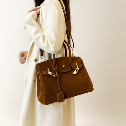Luxury Suede Shoulder Handbag with Gold Accents