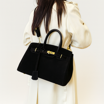 Luxury Suede Shoulder Handbag with Gold Accents