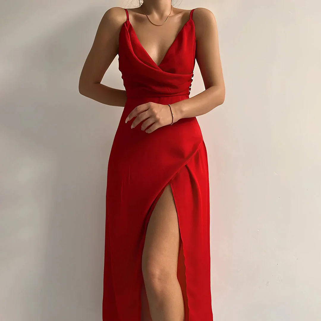 Elegant Deep V Neck Formal Maxi Dress - OutfitLondon