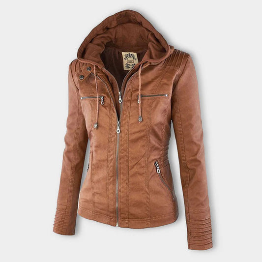 Fashionable Women's Biker Jacket with Removable Hood - OutfitLondon