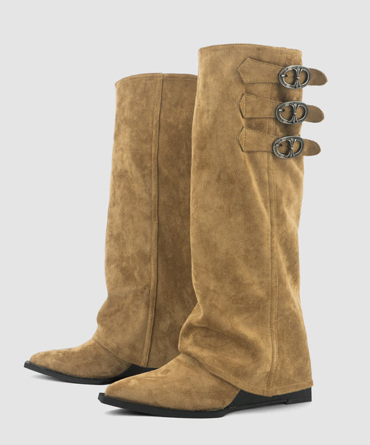 Women's Suede Wedge Boots Khaki 8cm Heel - OutfitLondon