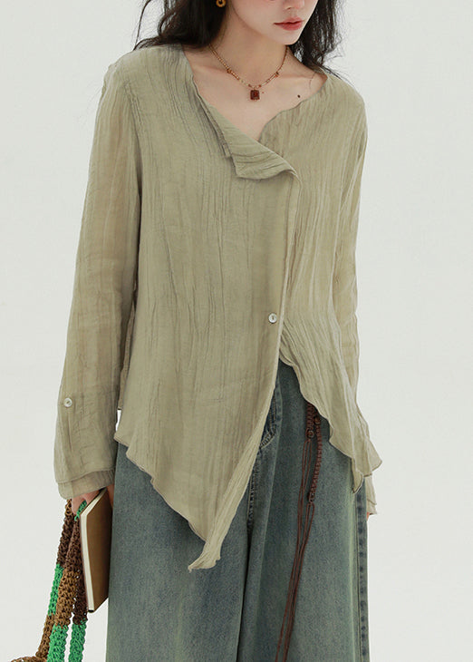 Women's Linen Blend Asymmetric Blouse Khaki Breathable Loose Fit - OutfitLondon