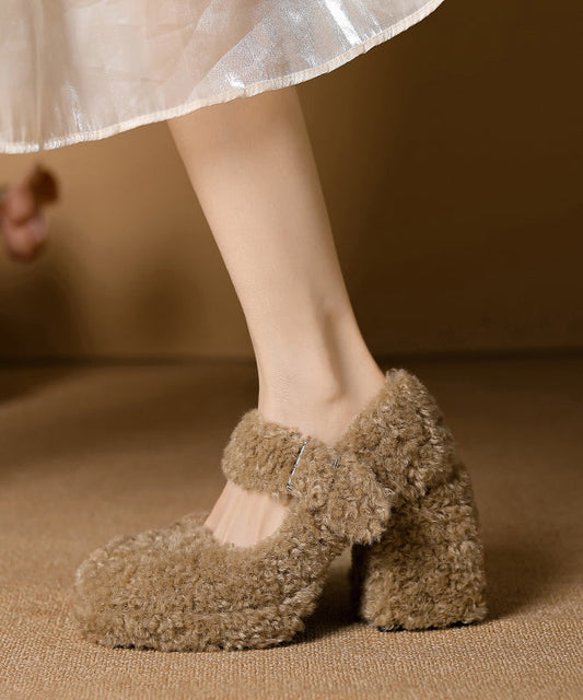 Women's Khaki Faux Fur Pumps Thick Ankle Strap - OutfitLondon