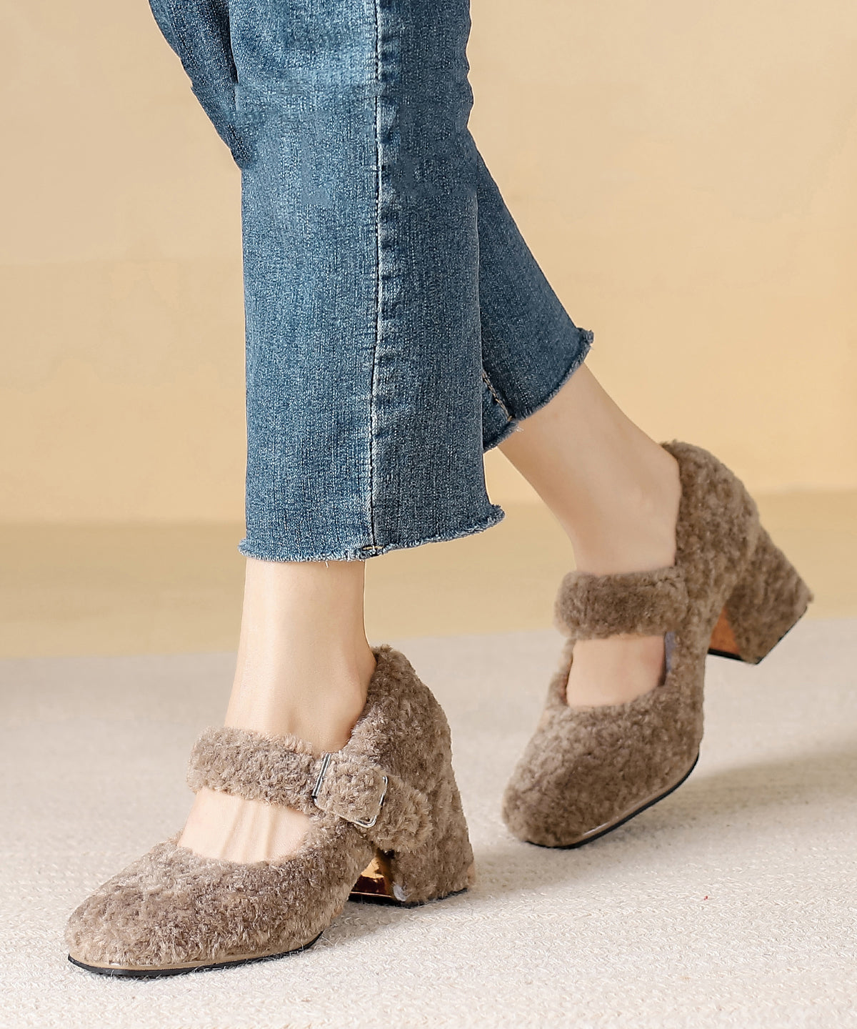 Women's Faux Fur Pumps Chunky Heel Buckle Strap Khaki - OutfitLondon
