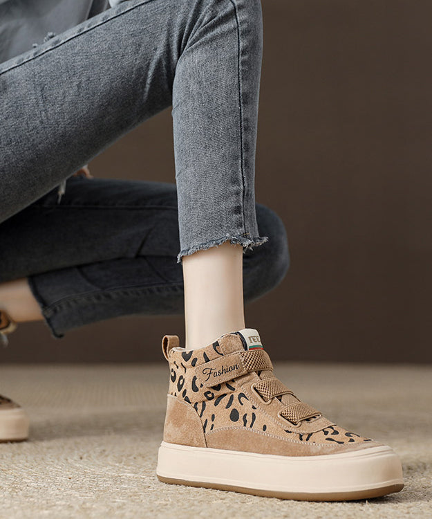 Women's Suede Platform Boots Leopard Print Buckle Strap - OutfitLondon