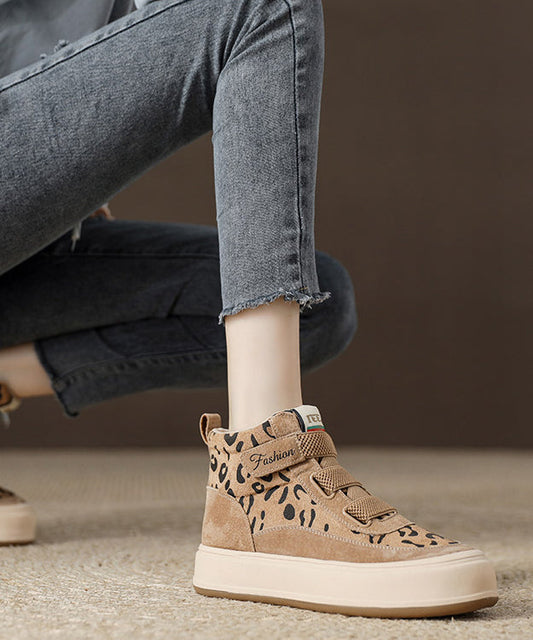 Women's Suede Platform Boots Leopard Print Buckle Strap - OutfitLondon