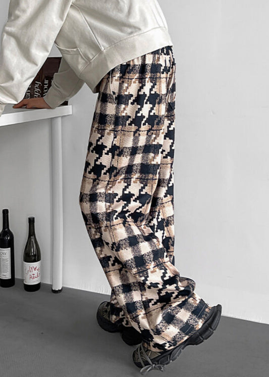Mens Khaki Plaid Pants Cotton Blend Elastic Waistband - OutfitLondon