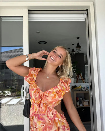 Kirsten Dress | Floral Print Ruffle Dress with Cut-Out
