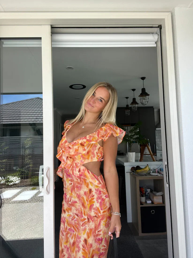 Women's Floral Ruffle Cut Out Summer Dress - OutfitLondon