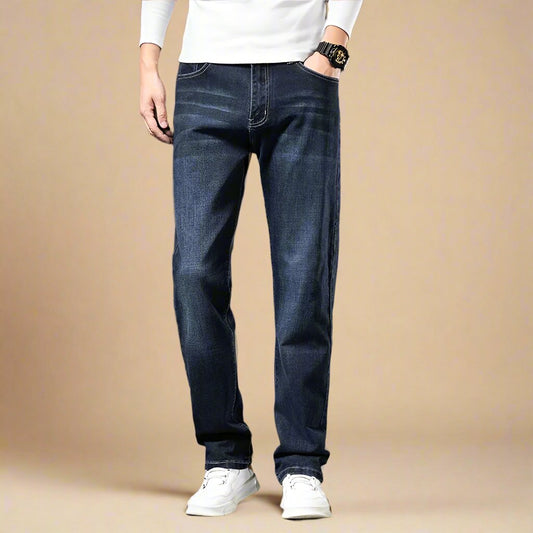 Men's Straight Leg Dark Blue Comfort Jeans - OutfitLondon
