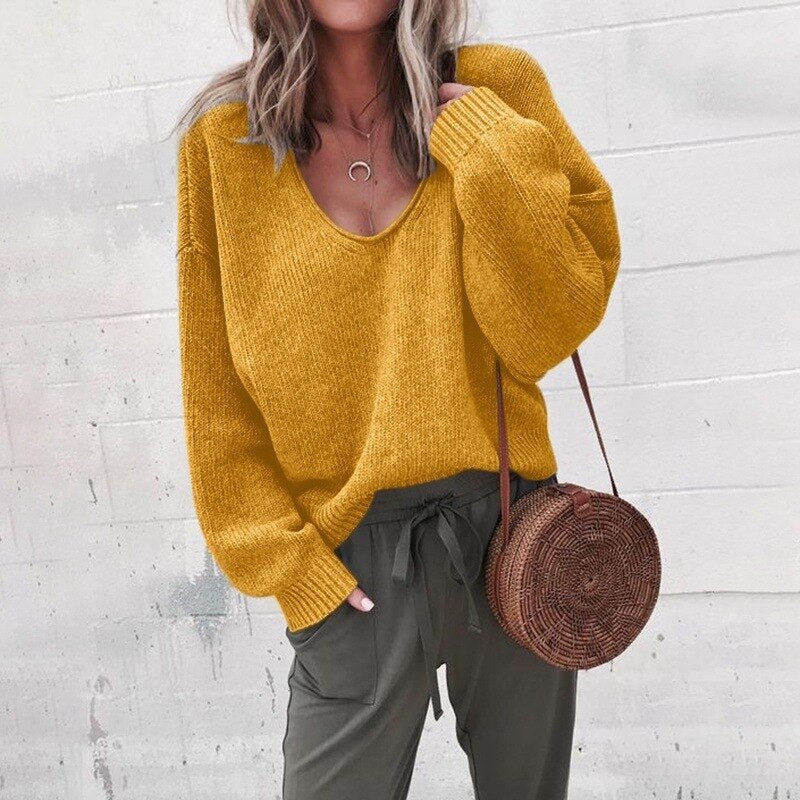 Cozy V Neck Sweater with Ribbed Detailing