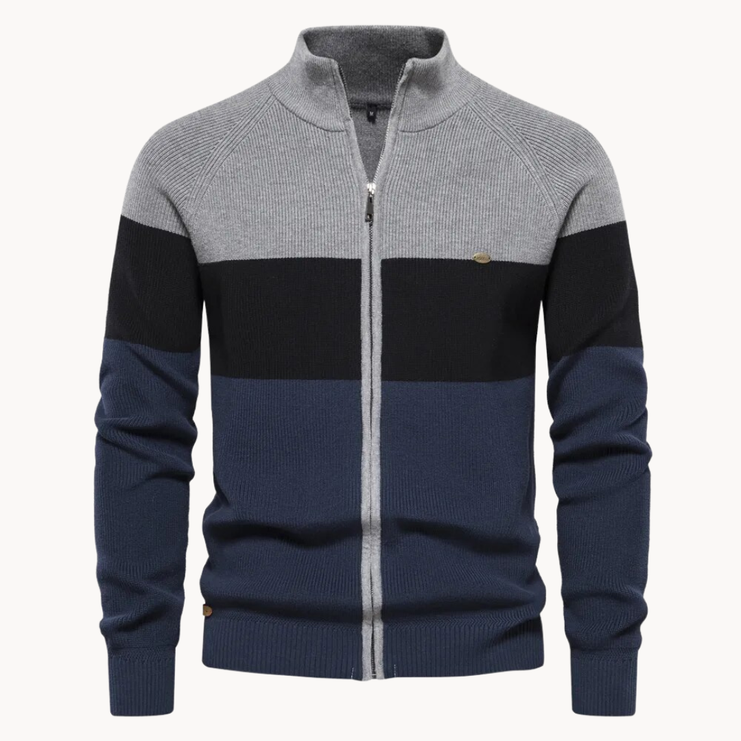 Cozy Zip Sweater - Colorful Stripe Neckline & Relaxed Fit
