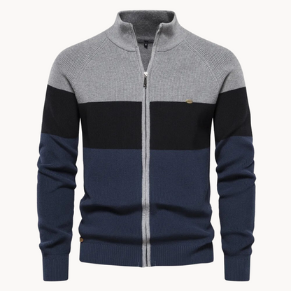 Cozy Zip Sweater - Colorful Stripe Neckline & Relaxed Fit