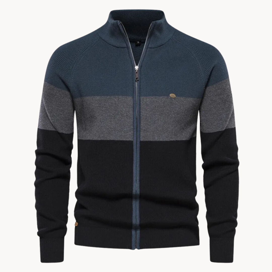 Cozy Zip Sweater - Colorful Stripe Neckline & Relaxed Fit