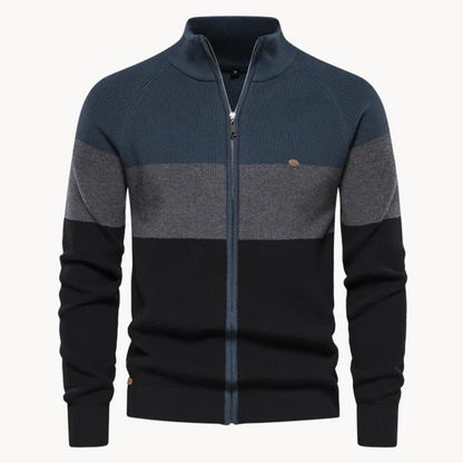 Cozy Zip Sweater - Colorful Stripe Neckline & Relaxed Fit