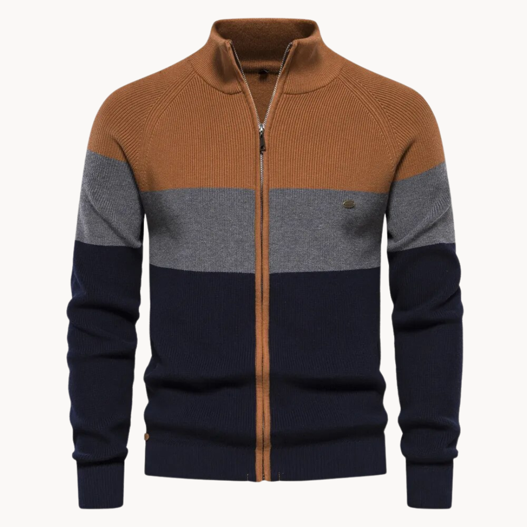 Cozy Zip Sweater - Colorful Stripe Neckline & Relaxed Fit