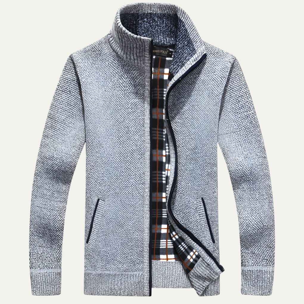 Men's Textured Crew Neck Zip Sweater Jacket