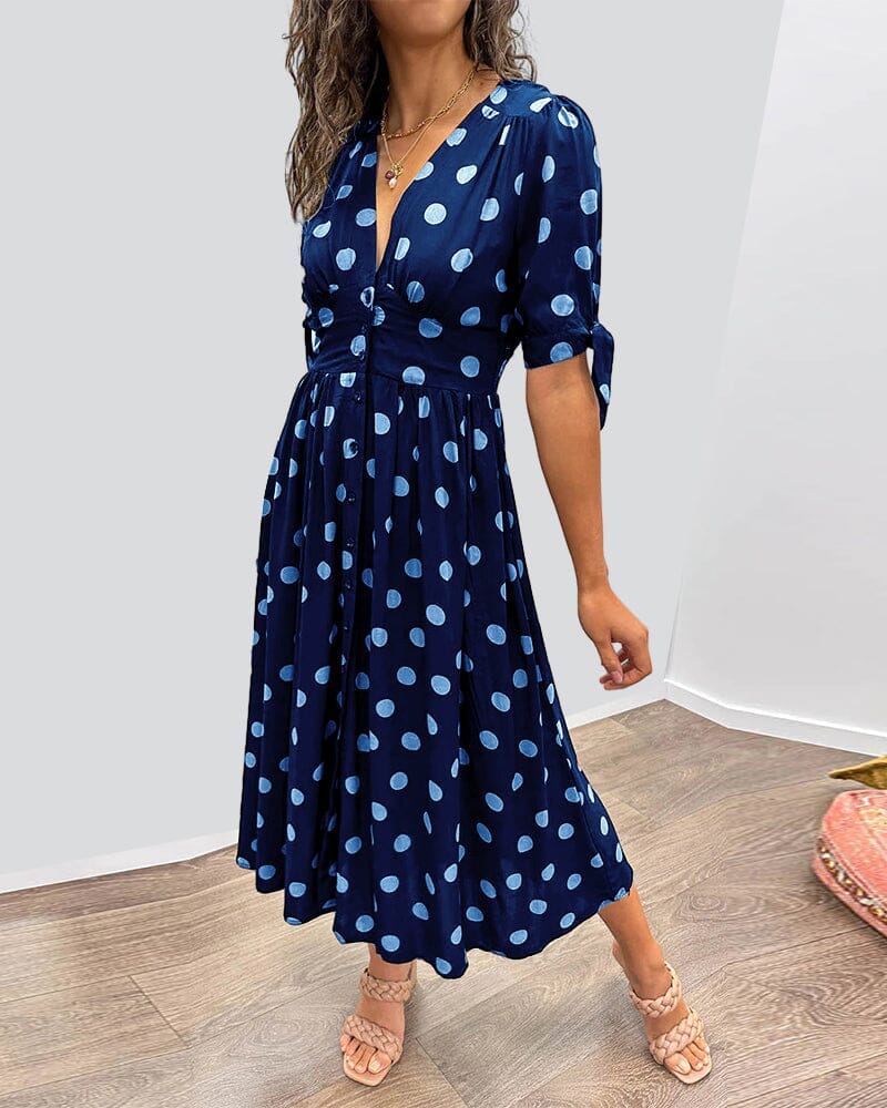 Cute Spotted V Neck Midi Dress for Women - OutfitLondon