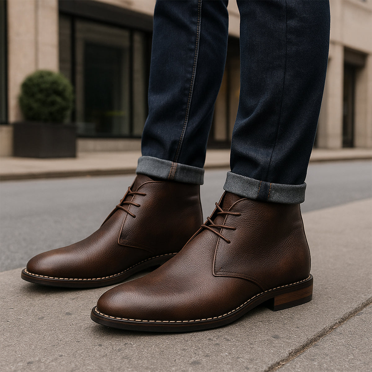 Trendy Men's Leather Ankle Boots Lace Up Style