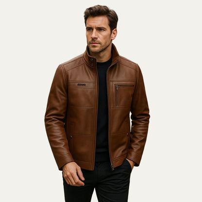 Classic Biker Leather Jacket with High Collar