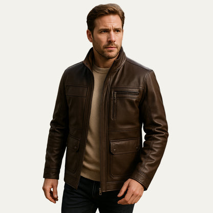 Classic Biker Leather Jacket with High Collar