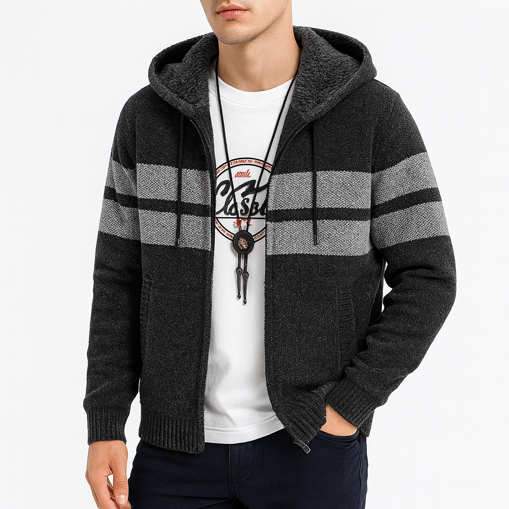 Warm Striped Zip Up Hooded Jacket - OutfitLondon