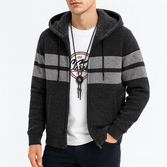 Warm Striped Zip Up Hooded Jacket - OutfitLondon