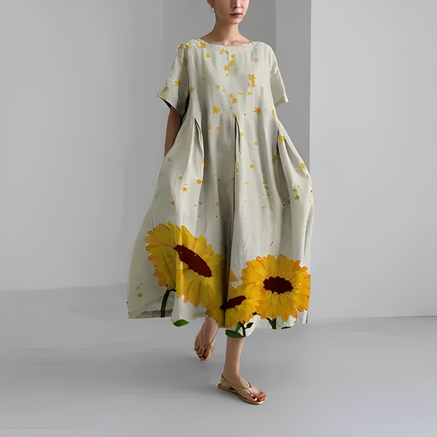 Elegant Garden Print Long Sundress for Ladies
