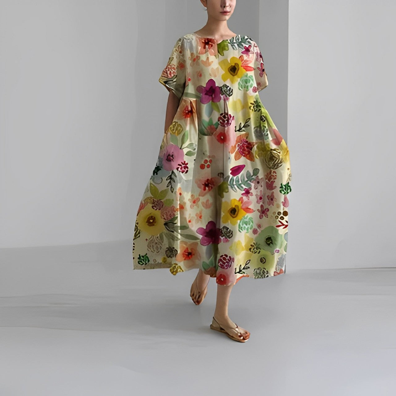 Elegant Garden Print Long Sundress for Ladies