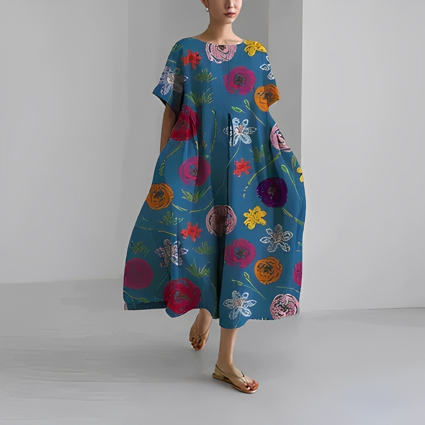 Elegant Garden Print Long Sundress for Ladies