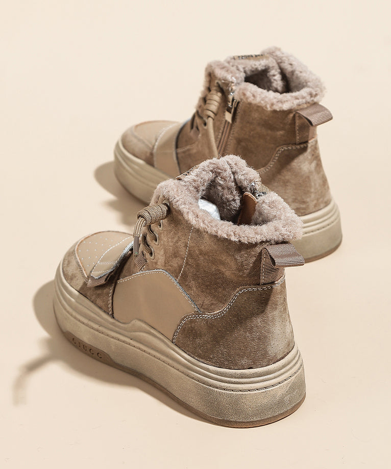 Women's Platform Boots Khaki Faux Leather Plush Lined 4cm Heel - OutfitLondon