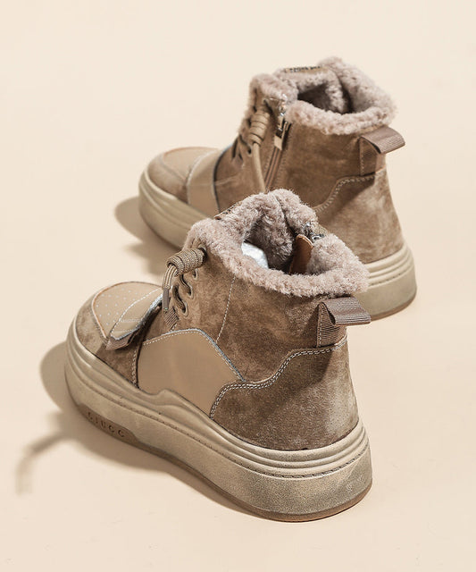Women's Platform Boots Khaki Faux Leather Plush Lined 4cm Heel - OutfitLondon