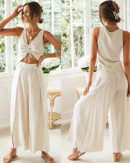 Lanika Set | Drawstring Sleeveless Top And Wide Leg Pants Set