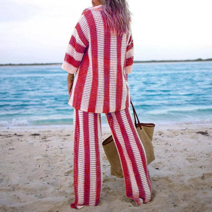 Lauryn Set | Casual Hollow Striped Knit Sweater and Pants Set
