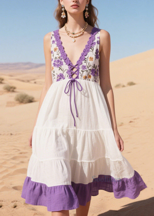 Women's Patchwork Cotton Midi Dress Lavender Lightweight - OutfitLondon