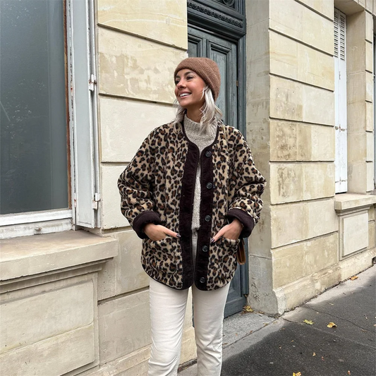Warm Leopard Wool Coat for Women - OutfitLondon