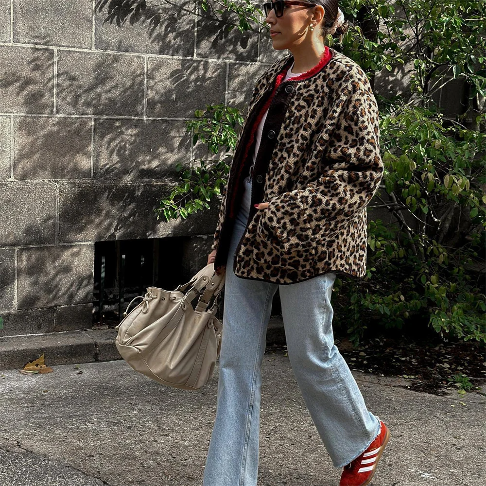 Warm Women's Leopard Wool Overcoat with Round Neck