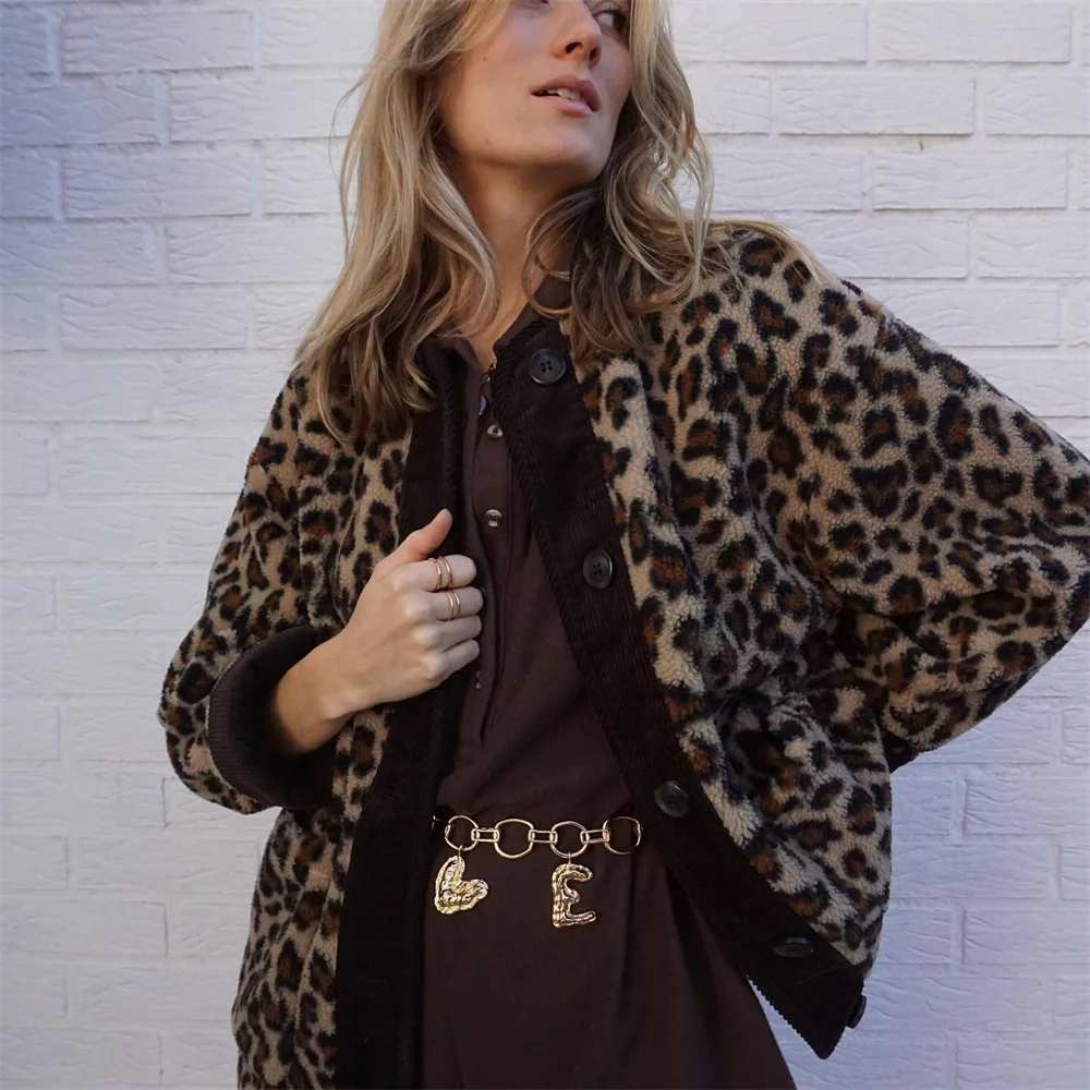 Warm Women's Leopard Wool Overcoat with Round Neck
