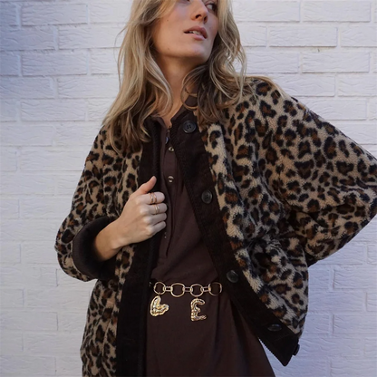 Warm Women's Leopard Wool Overcoat with Round Neck