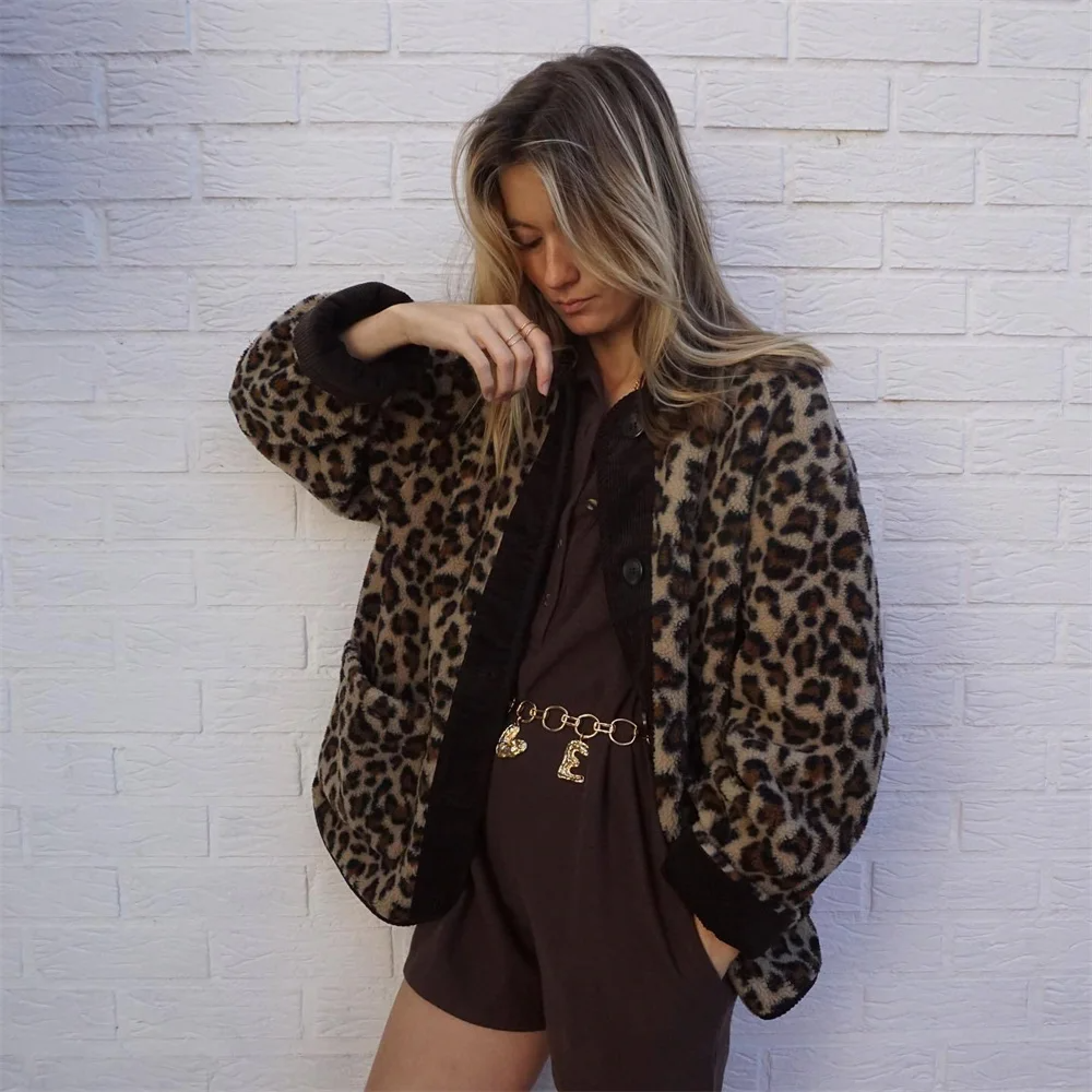 Warm Women's Leopard Wool Overcoat with Round Neck