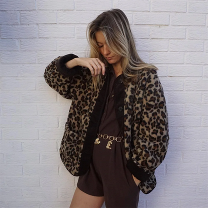Warm Women's Leopard Wool Overcoat with Round Neck