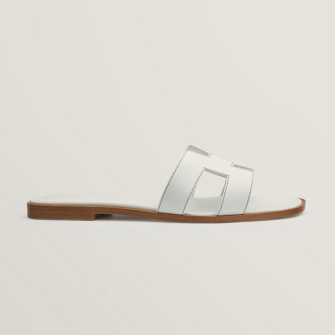 Classic White Leather Sandals With Wooden Heel