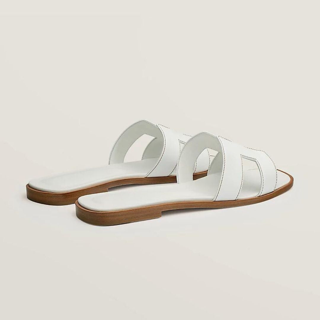 Classic White Leather Sandals With Wooden Heel