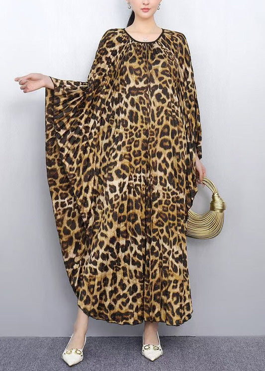 Women's Leopard Print Maxi Dress Batwing Sleeves Comfortable - OutfitLondon
