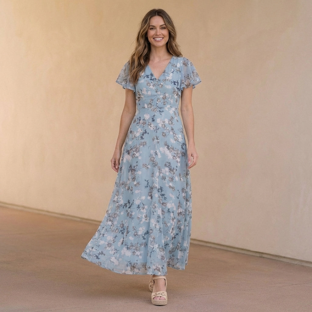 Floral V Neck Long Ruffled Maxi Dress