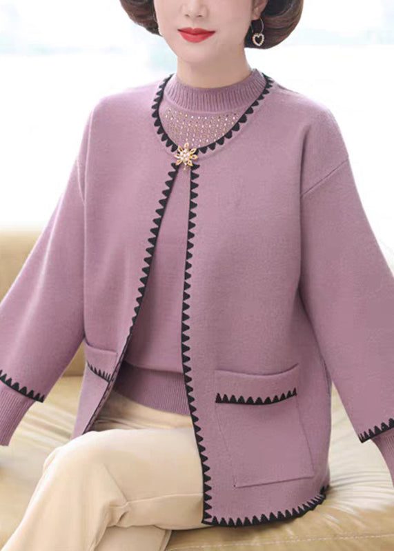 Women's Cotton Knit Coat Sweater Set Light Violet - OutfitLondon