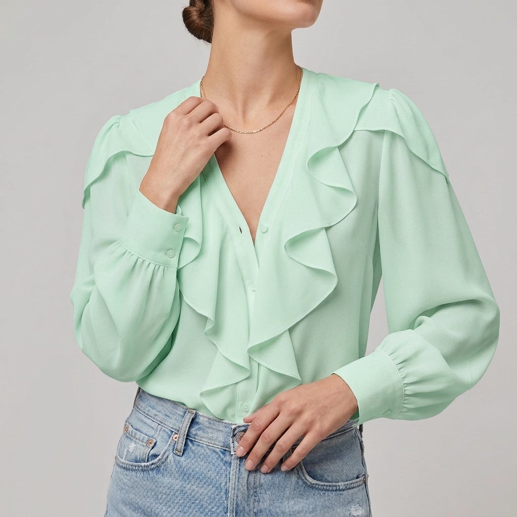 Soft Ruffle V Neck Long Sleeve Women's Blouse