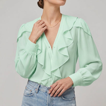 Soft Ruffle V Neck Long Sleeve Women's Blouse