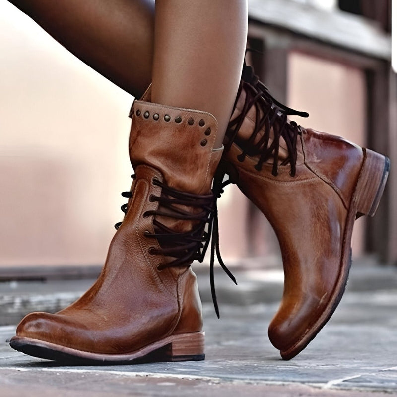 Brown Lace-Up Ankle Boots | Studded Block Heel Boots