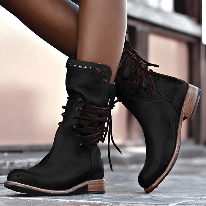 Brown Lace-Up Ankle Boots | Studded Block Heel Boots